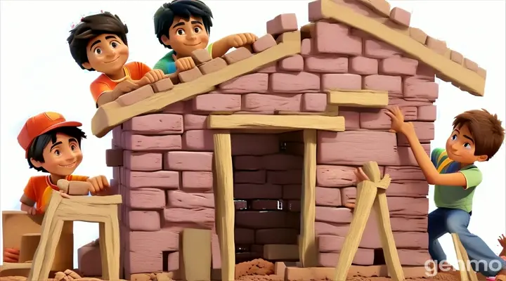 a group of kids building a brick house