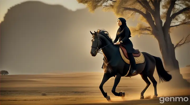 black horse galiping the brave cover head hijabi girl galiping with horse