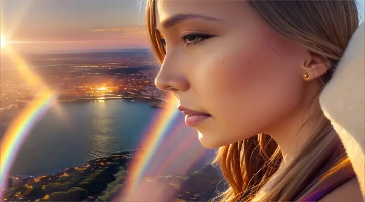 A woman standing on a cliff overlooking a city at sunset, with a colorful rainbow forming over the horizon.