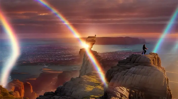 A woman standing on a cliff overlooking a city at sunset, with a colorful rainbow forming over the horizon.