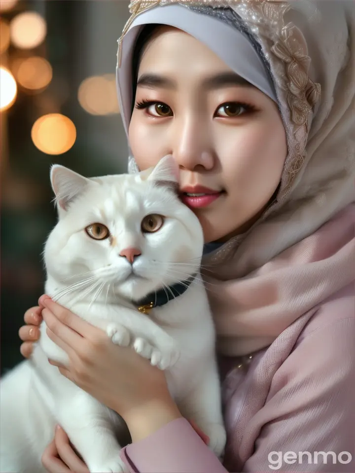 korean beauty hijabi girl loveing her white hairy cat