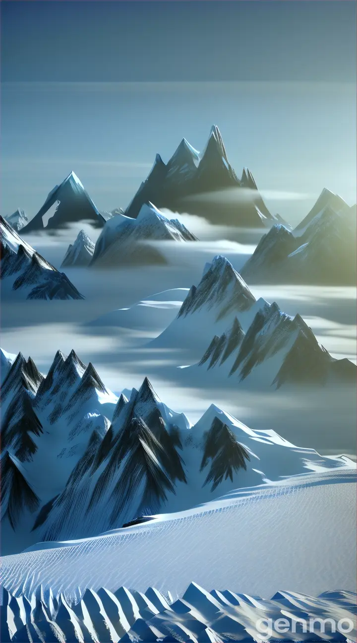 A 3d picture of white and black frozen Antartica Mountains with Fog 