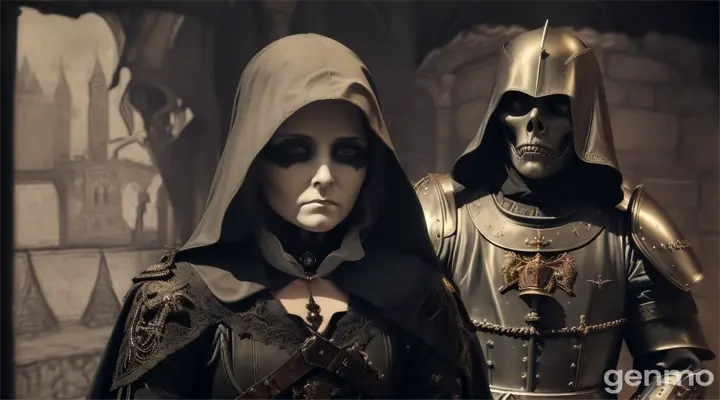 Grim reaper, feminine form, in haunted castle overlooking a soldier in hussar armor, medieval