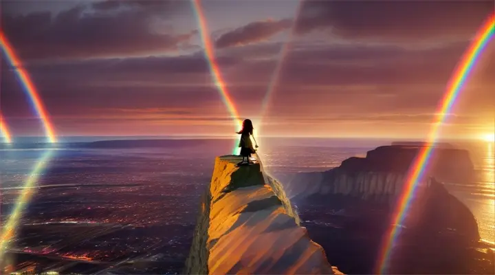 A woman standing on a cliff overlooking a city at sunset, with a colorful rainbow forming over the horizon.