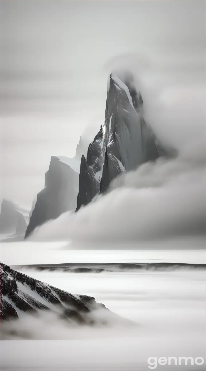 White and black frozen Antarctic mountains with fog, featuring with wind 