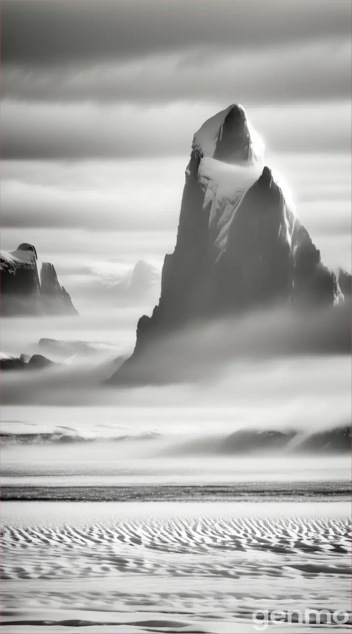 White and black frozen Antarctic mountains with fog, featuring with wind 