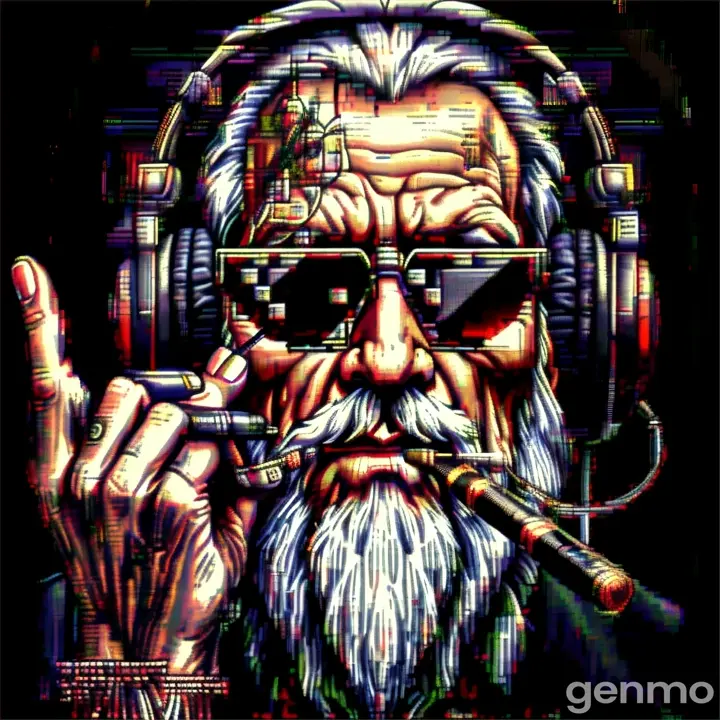 an old man wearing headphones and holding a cigarette