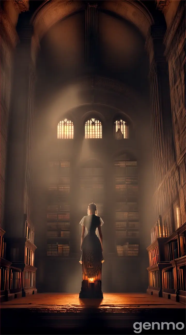 An ancient, dusty library with towering bookshelves filled with old, crumbling books. In the center, a large, iron door adorned with eerie, archaic symbols stands slightly ajar, emitting a faint, ghostly light. The atmosphere is dark and foreboding, with shadows creeping along the floor and walls. A young woman with a flickering candle stands hesitantly before the door, her face a mix of curiosity and fear. Behind her, ghostly whispers seem to emanate from the darkness, suggesting something ominous lies within.