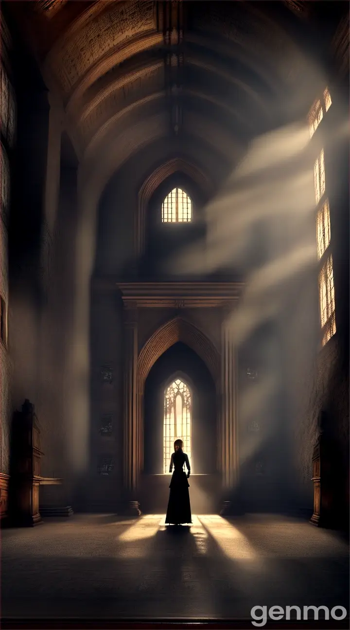 An ancient, dusty library with towering bookshelves filled with old, crumbling books. In the center, a large, iron door adorned with eerie, archaic symbols stands slightly ajar, emitting a faint, ghostly light. The atmosphere is dark and foreboding, with shadows creeping along the floor and walls. A young woman with a flickering candle stands hesitantly before the door, her face a mix of curiosity and fear. Behind her, ghostly whispers seem to emanate from the darkness, suggesting something ominous lies within.