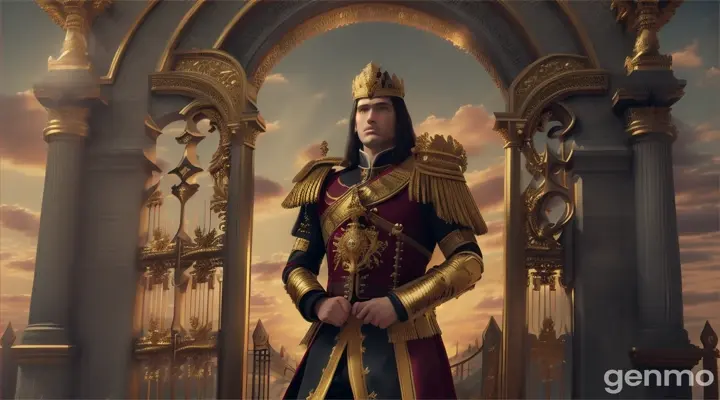 A soldier in ornate hussar armor stands before the gates of heaven, a crowd of souls waiting for entrance, with a golden dawn behind the gate