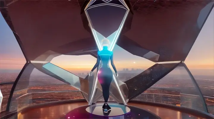 A woman standing on a futuristic gazebo, staring at a breathtaking view of the galaxy with an ultra-modern cityscape as the backdrop.