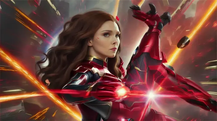 marvel cinematics:action:Wanda Maximoff (Scarlet Witch) and Vision( Paul Bettany as Vision in Avengers Infinity War):A heartbeat sound visualizes, "En cada latido de mi corazón."