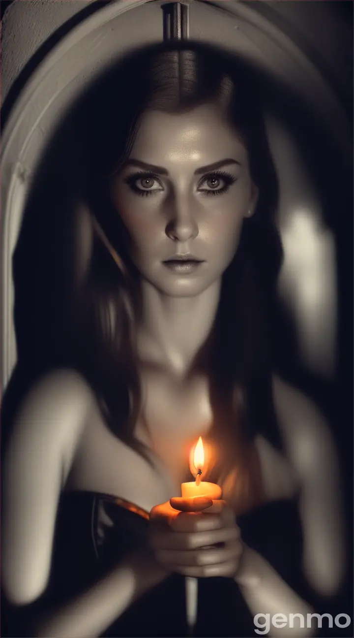 Eliza: A young woman, curious and brave, holding a flickering candle. She has an expression of both fear and determination as she stands in front of the vault door.
