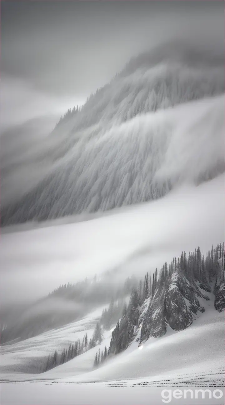 Ghostly mountain range in a blizzard, shrouded in mist and obscured by snow