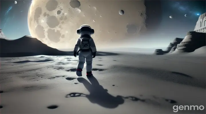 “Then she went farther and farther until she reached the Moon. The Moon was big and gray, and she found footprints of astronauts on it. 3d cartoon , The same little girl