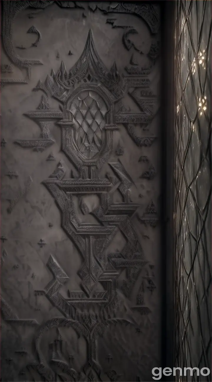 The Whispering Vault: A large, iron door with intricate, archaic symbols etched into its surface. The door is slightly ajar, and faint ghostly light or mist seeps from the opening.