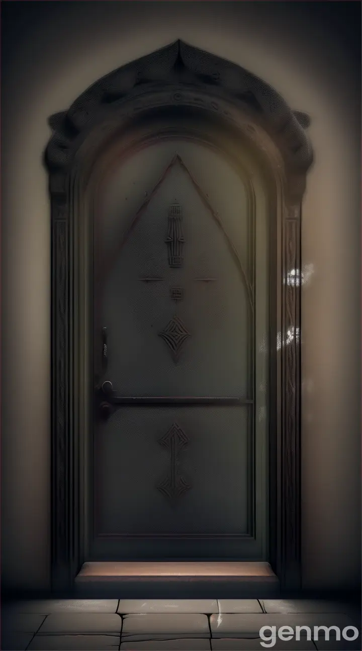 The Whispering Vault: A large, iron door with intricate, archaic symbols etched into its surface. The door is slightly ajar, and faint ghostly light or mist seeps from the opening.