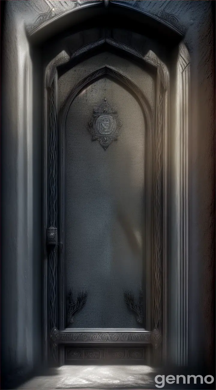 The Whispering Vault: A large, iron door with intricate, archaic symbols etched into its surface. The door is slightly ajar, and faint ghostly light or mist seeps from the opening.