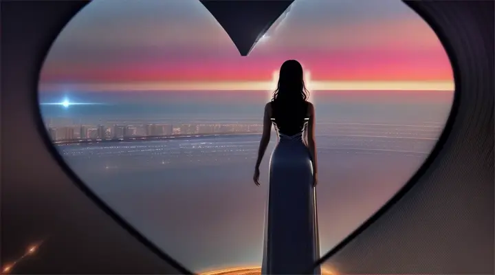 Woman standing calmly on the roof of an ultra-modern skyscraper, gazing out at a glowing galaxy-spotfilled horizon.