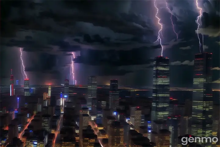 a lightning bolt strikes over a city at night