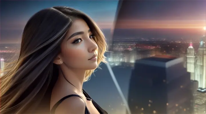 beautiful woman with a serene expression standing at the edge of a skyscraper roof, overlooking a city skyline and galaxy horizon.