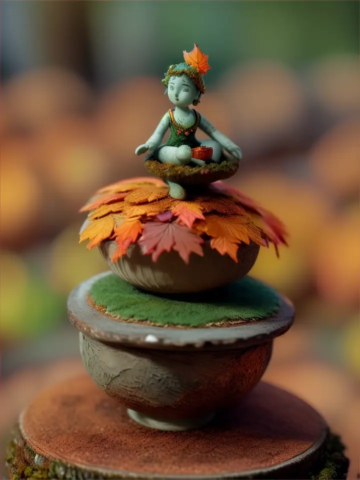  create an  of a whimsical miniature figure, crafted from delicate autumn leaves, dancing gracefully on a weathered, moss-covered terracotta pot, advertising style