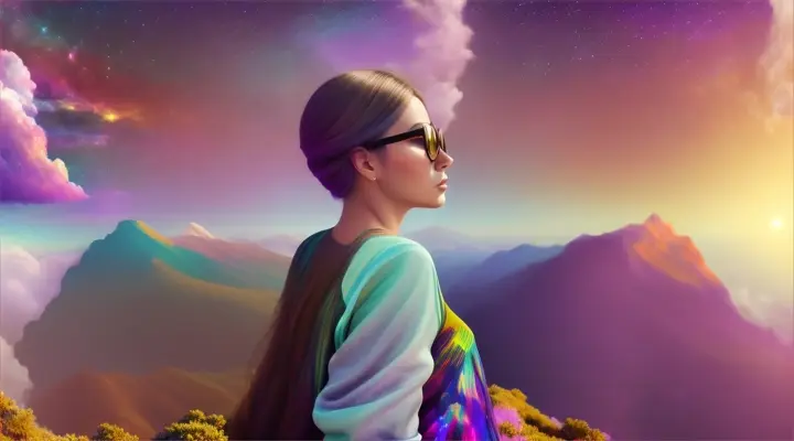 beautiful woman wayfarer with a view of a surreal, colorful galaxy.