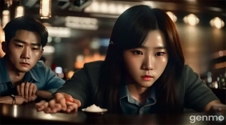 Cinematic, Dong-hyun and Seoyun in a dimly lit bar, realistic photography, intense and forbidden atmosphere, soft indoor light --ar 16:9