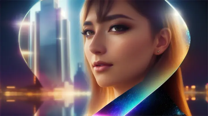 beautiful woman standing in front of glass skyscraper, her reflection overlapping with vivid galaxy.