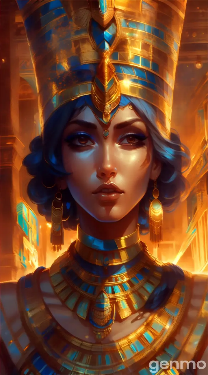 an egyptian woman wearing a gold and blue outfit