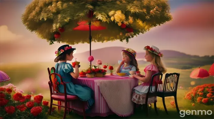 Tomatoes and toddlers sipping tea under a flower umbrella in a whimsical garden wonderland