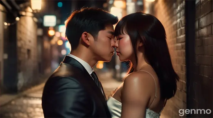 Cinematic, Dong-hyun kissing Seoyun in a dark alley, realistic photography, passionate and reckless atmosphere, soft shadows --ar 16:9