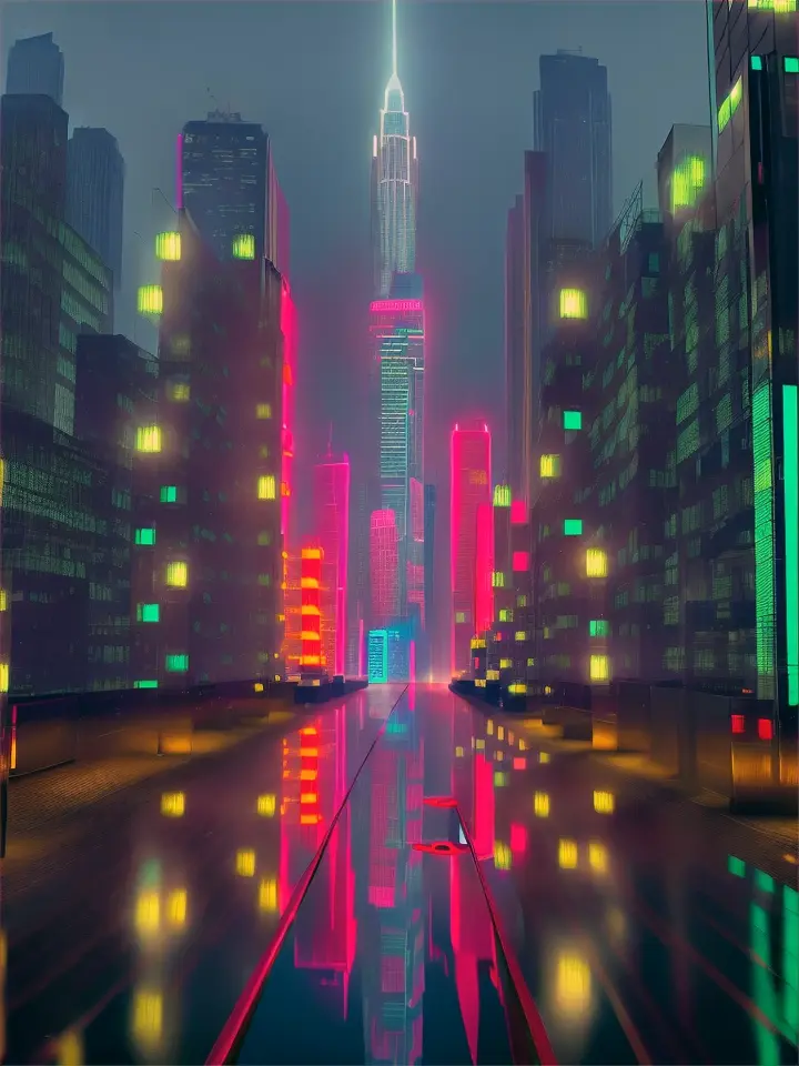 In the heart of a bustling cityscape, skyscrapers loom like monoliths of glass and steel, their mirrored surfaces reflecting the frenetic energy of urban life below, while traffic hums and sirens wail in the distance., advertising style