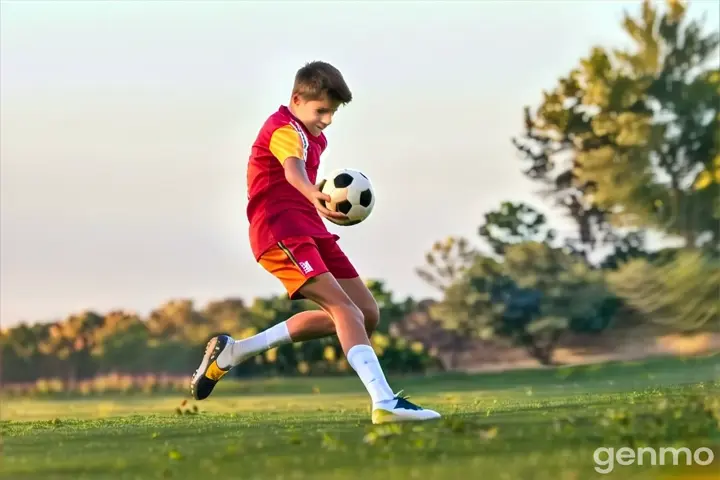 a young man kicking a soccer ball on a field