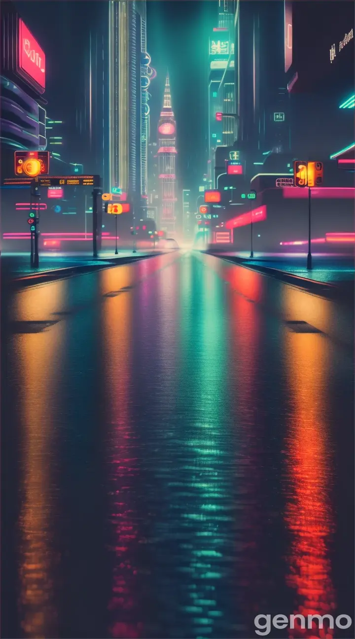 Moon rising over a futuristic city, as seen from a neon-lit street in the rain