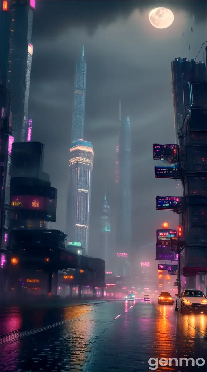 the full Moon rising over a futuristic city, as seen from a neon-lit street in the rain