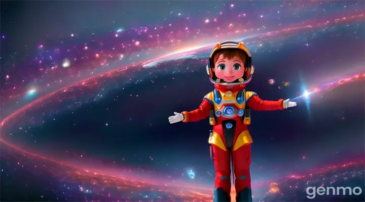 Then she reached the Milky Way galaxy, a huge galaxy filled with millions and millions of stars. The stars were twinkling in different colors, like precious stones decorating the sky. 3d cartoon , the same little girl