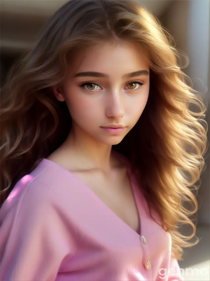 Beauty is a 19-year-old female with light brown eyes and open, wavy hair. She is wearing pink-themed clothing, designed in a modern yet elegant style that reflects her kind and gentle nature.