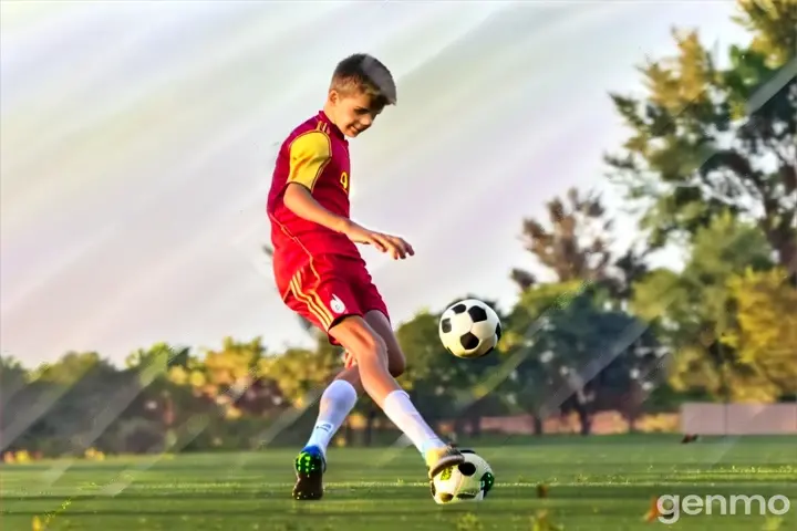 a young man kicking a soccer ball on a field