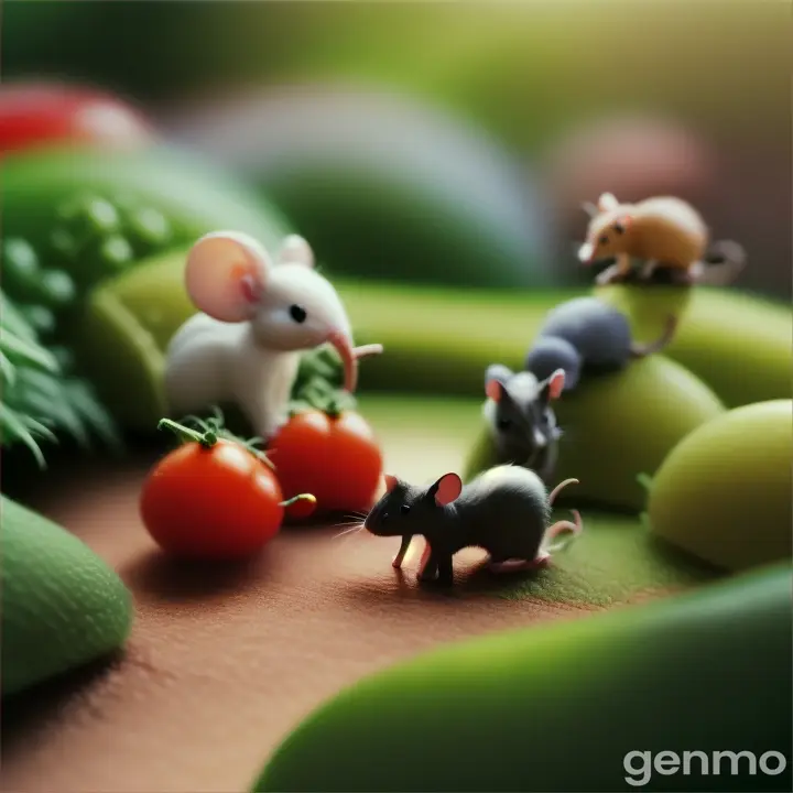 Tiny mouse, cat , ant,elephant “Tiny tomatoes playing with tiny mouse, cat, ant,elephant in a lush, miniature tomato garden setting” 