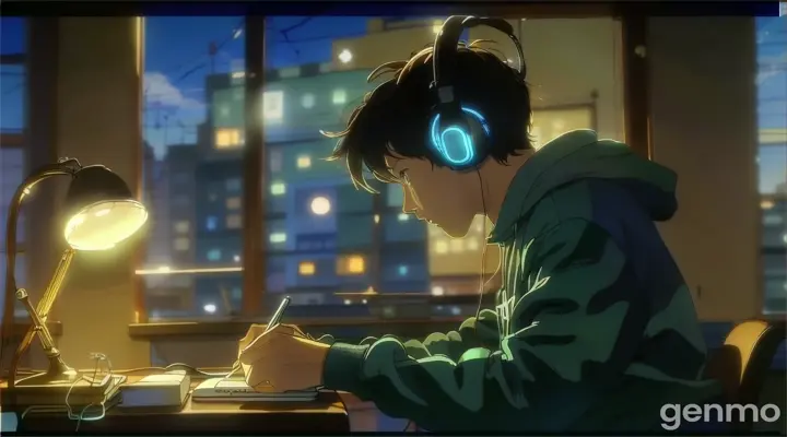 a person sitting at a desk with headphones on