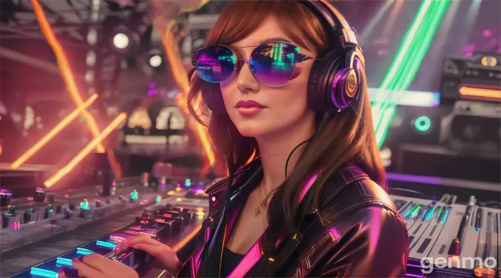 A slender woman with a bigger bust than usual in steampunk sunglasses, shiny headphones and a low-cut latex swimsuit stands near a DJ's mixing console and an electric piano in a steampunk club. A minimum of clothes. Laser beams of bright colors on the background of large television screens.