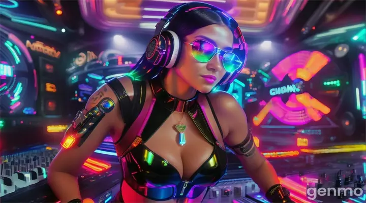 A slender woman with a bigger bust than usual in steampunk sunglasses, shiny headphones and a low-cut latex swimsuit stands near a DJ's mixing console and an electric piano in a steampunk club. A minimum of clothes. Laser beams of bright colors on the background of large television screens.