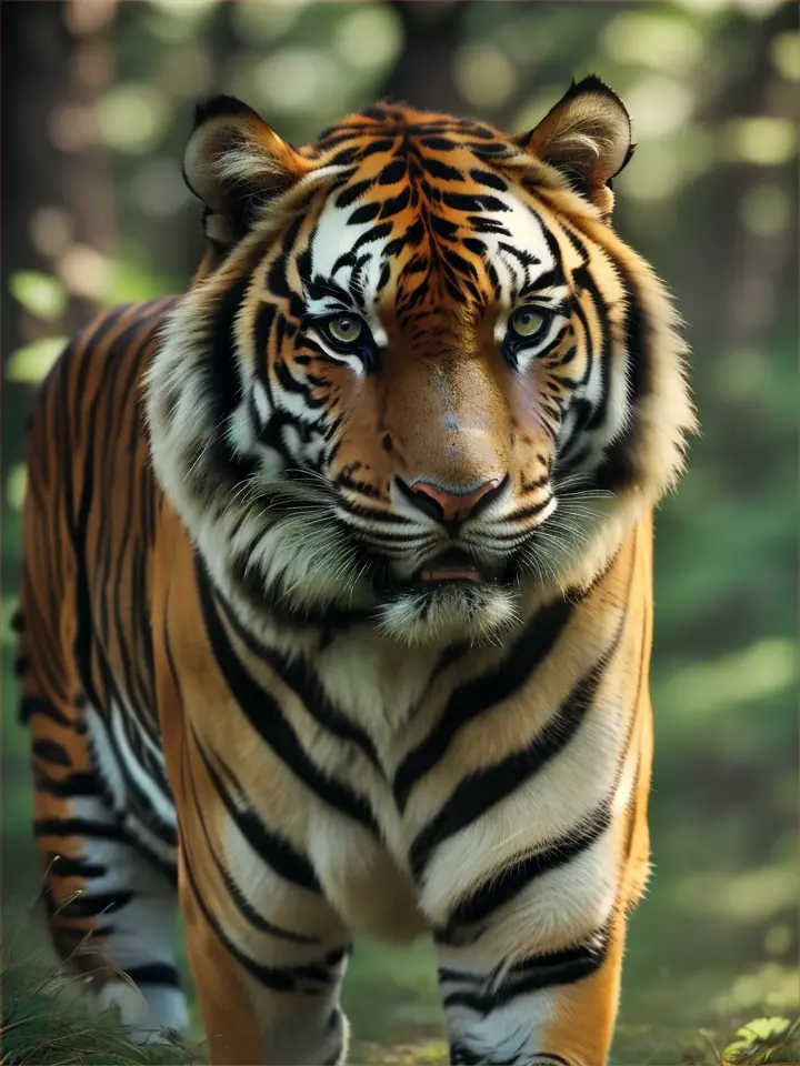  in a lush, verdant forest, observe a majestic tiger in its natural habitat, advertising style