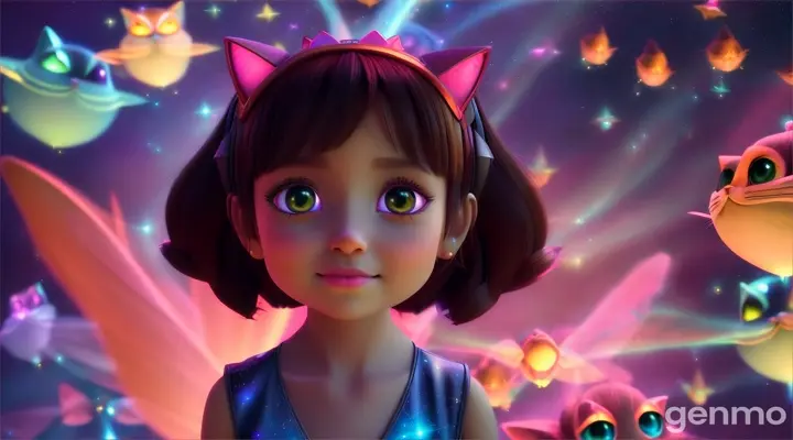 During her journey, Layla met friendly aliens that looked like little cats, but they could fly. They told her about the secrets of the universe, how stars and planets were formed, and where other galaxies are located.3d cartoon , the same little girl