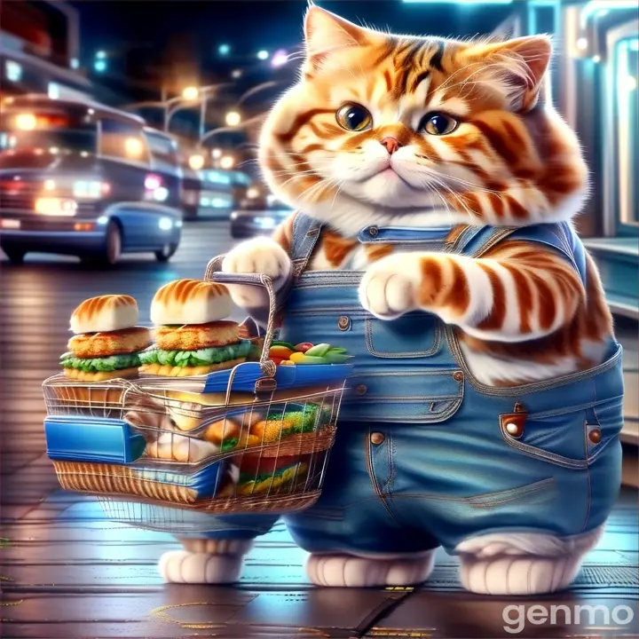 a cat that is holding a basket of food