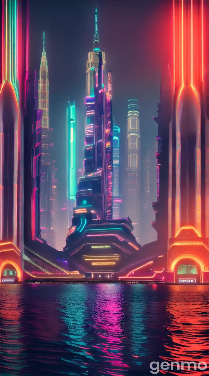 A bustling futuristic city deep under the ocean, its buildings and infrastructure illuminated by a rainbow of neon lights. A massive full moon shines overhead, casting an otherworldly glow on the cityscape.