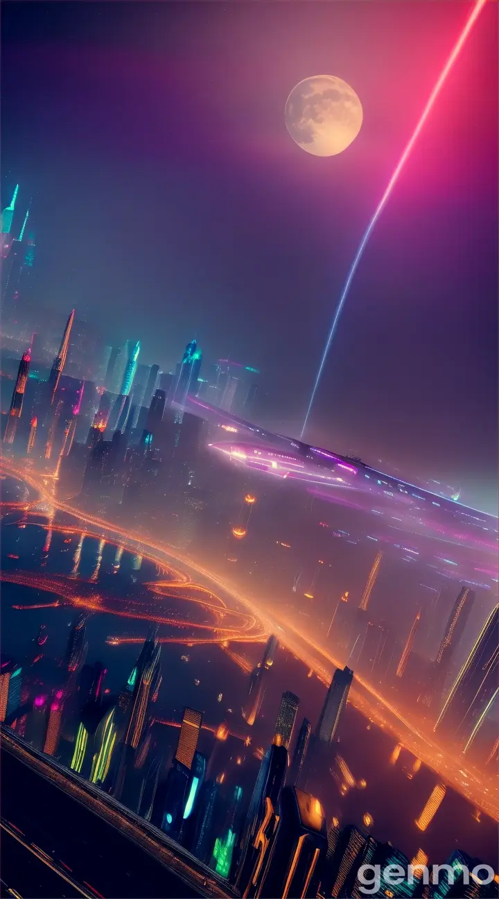 A sprawling cityscape filled with neon lights and flying vehicles against a deep indigo sky. The full moon hangs low, large and luminous, casting a reflective glow on the skyscrapers and streets, emphasizing Aquarius’ forward-thinking nature.