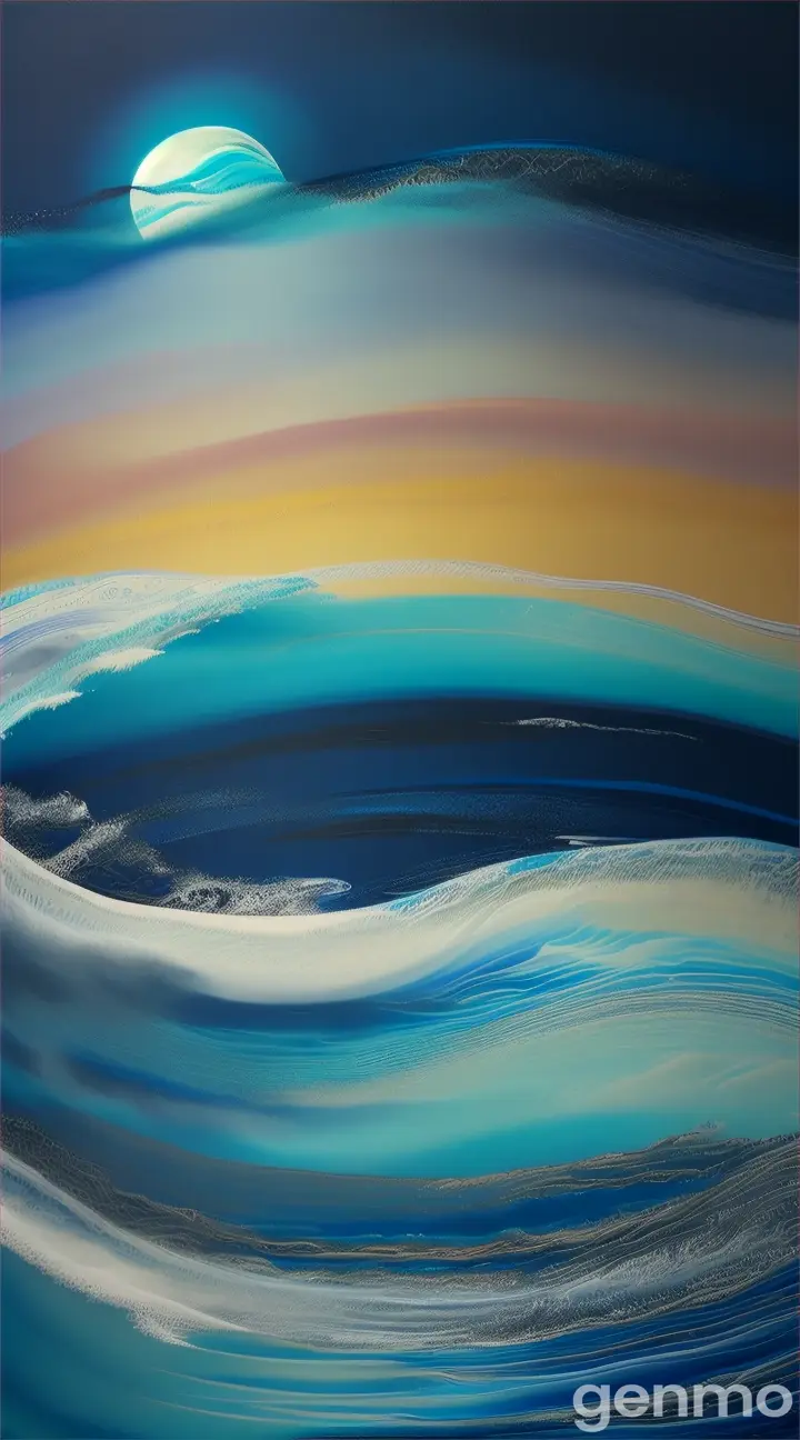 An abstract painting of ocean waves swirling around an ethereal moon in electric blue, silver, and turquoise