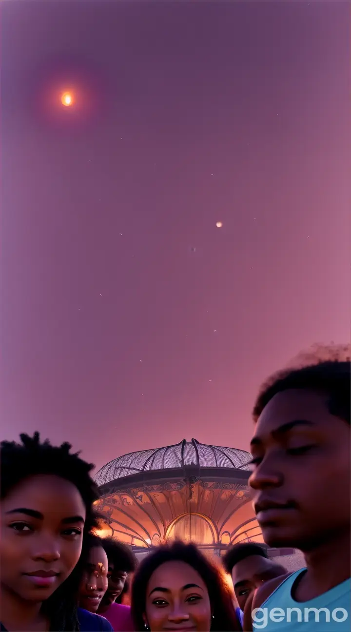 A multicultural group of friends sits in a circle on a twilight evening, passionately exchanging ideas. The waxing moon hangs prominently in the sky, its serene light reflecting off the group, symbolizing Aquarius’ focus on community and innovation.